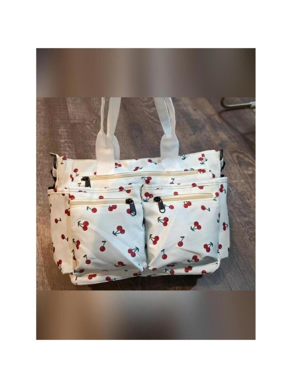 Cream Cherry-Print Tote Bag with Front Zip Pockets